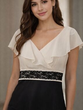 Liz Claiborne Elegant Two-Tone Blouse Cream Black Lace Detail Size 12